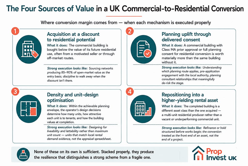 Diagram showing the four sources of value in a UK commercial-to-residential conversion project — acquisition at discount, planning uplift, density and unit-design optimisation, and repositioning into a higher-yielding rental asset