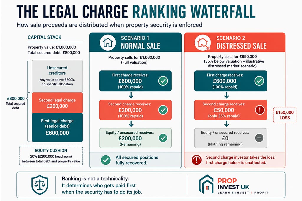 Diagram showing how sale proceeds from a UK property are distributed in priority order between first legal charge, second legal charge, and unsecured creditors, in both normal and distressed sale scenarios