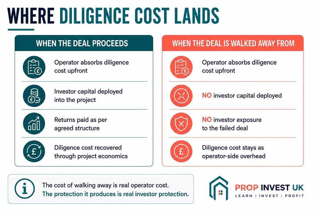 Comparison showing how operator-side diligence cost protects investor capital — proceeded deals pass cost through project economics, walked-away deals absorb cost without ever exposing investor capital