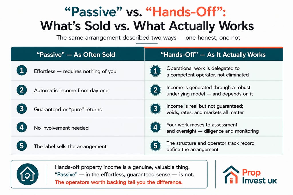 Comparison panel contrasting how passive property income is often marketed — effortless, automatic, guaranteed — against how genuinely hands-off property income actually works, with operational work delegated to an operator and income generated from a robust model