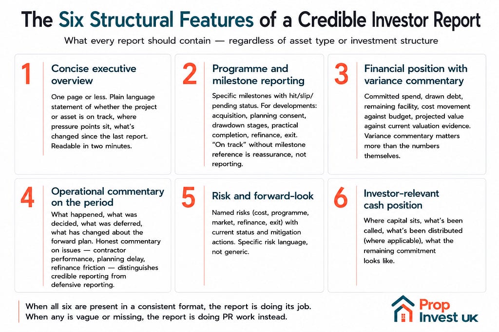 Framework diagram of the six structural features of a credible UK property investor report — concise executive overview, programme and milestone reporting, financial position with variance commentary, operational commentary, risk and forward-look, and investor-relevant cash position
