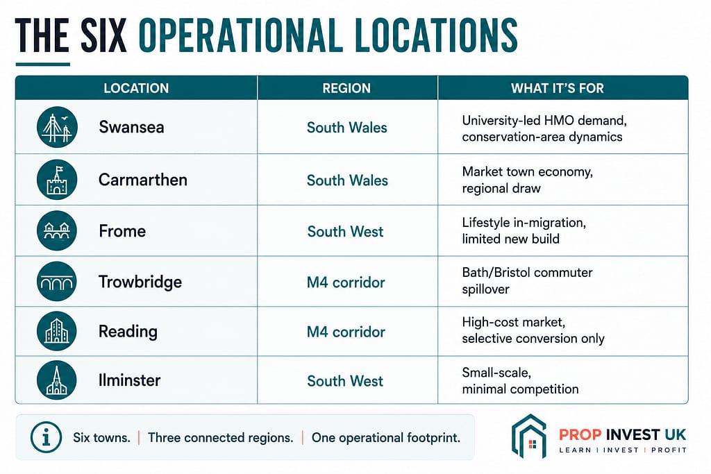 The six UK property development operational locations across South Wales, M4 corridor and the South West with the operational rationale for each