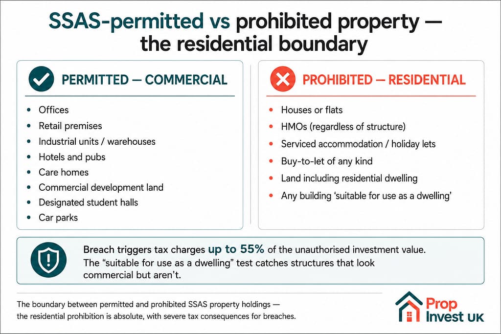 SSAS-permitted commercial property categories versus prohibited residential property categories under HMRC rules — including the 'suitable for use as a dwelling' test that catches HMOs and serviced accommodation.