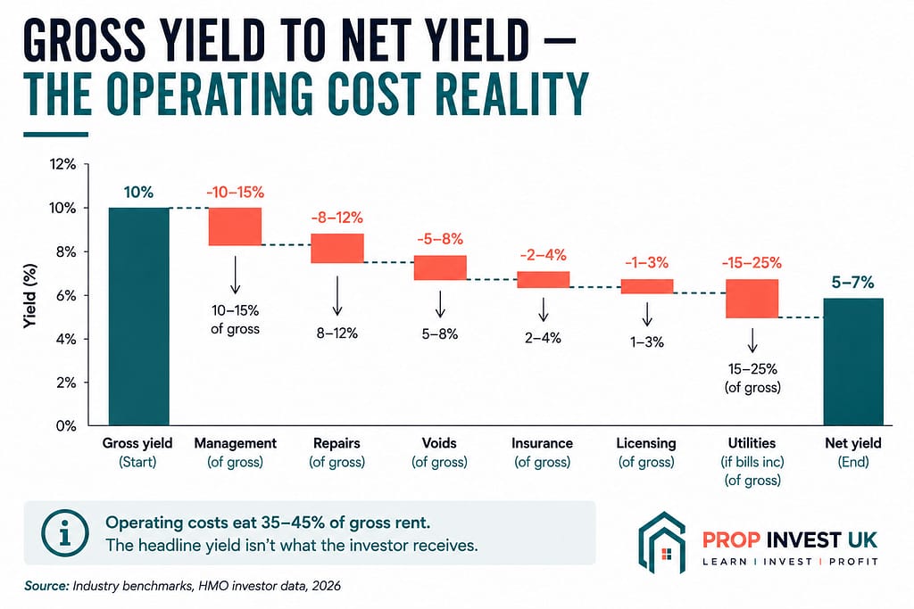 Visualisation showing how UK HMO gross yields of 9-12% erode to net yields of 5-7% after 35-45% operating costs including management, repairs, voids, insurance, licensing and utilities