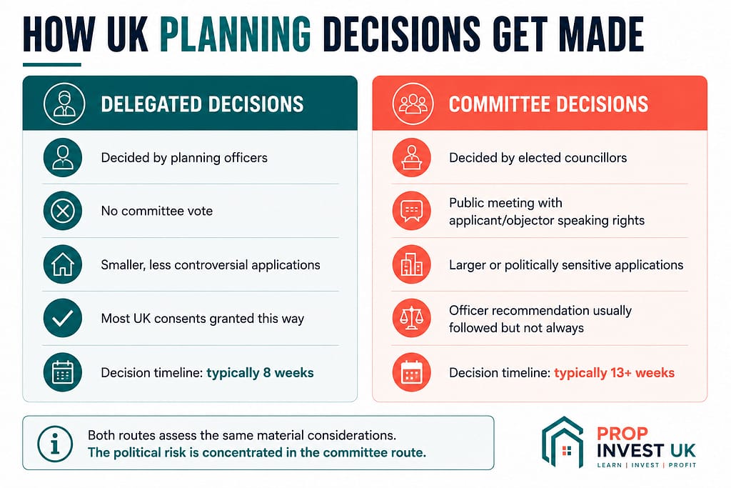 Comparison of UK planning consent routes — delegated decisions made by planning officers versus committee decisions made by elected councillors