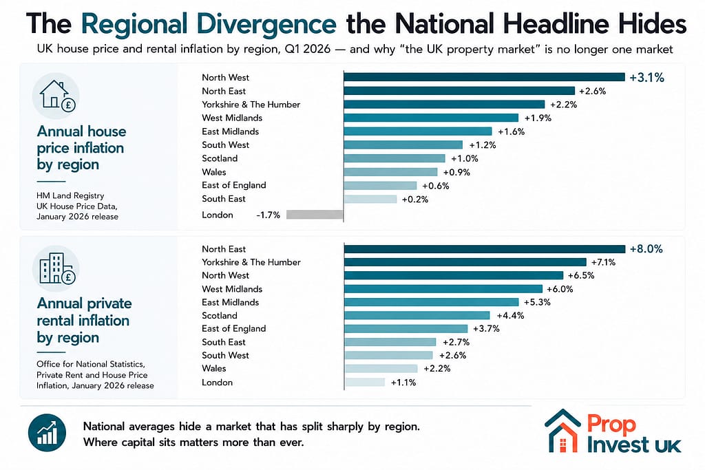 Two-panel chart showing UK regional divergence in early 2026 — house price annual inflation by region with North West up 3.1% and London down 1.7%, and rental inflation by region with North East up 8.0% and London up 1.1%