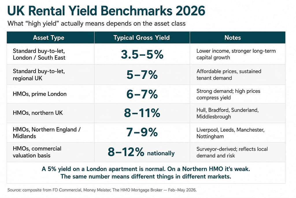 Reference table showing typical gross rental yield ranges for UK property in 2026 by asset class and region — standard buy-to-let, HMOs in prime London, northern UK, Northern England, Midlands, and commercial valuation basis
