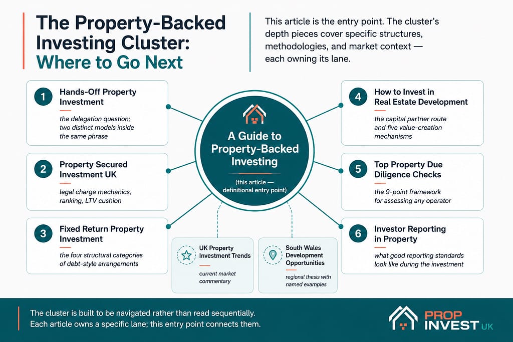 Cluster navigation diagram showing the relationship between this entry-point guide to property-backed investing and six depth articles in the broader cluster — hands-off property investment, property secured investment, fixed return property investment, how to invest in real estate development, top property due diligence checks, and investor reporting in property