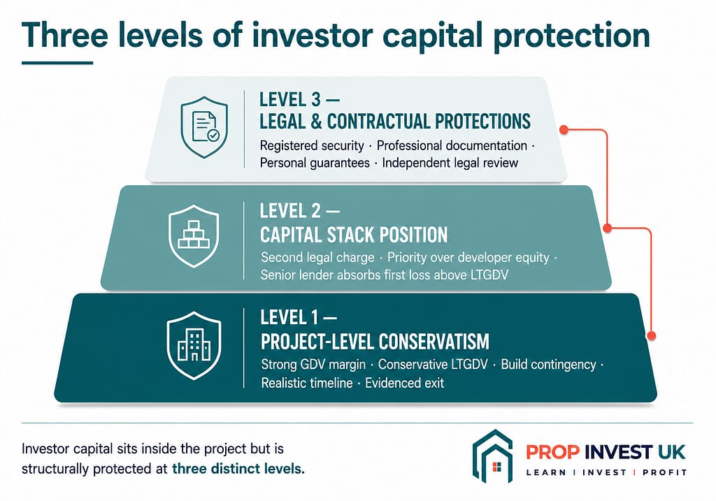 Three-level structural protection model for UK property development investor capital — project conservatism, capital stack position, and legal protections.