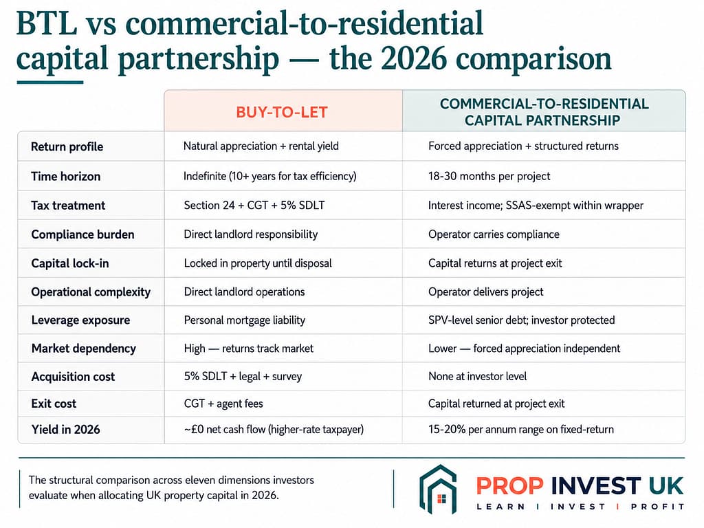 Comparison table of UK buy-to-let versus commercial-to-residential capital partnership across eleven dimensions — return profile, tax treatment, compliance burden, capital position and more.