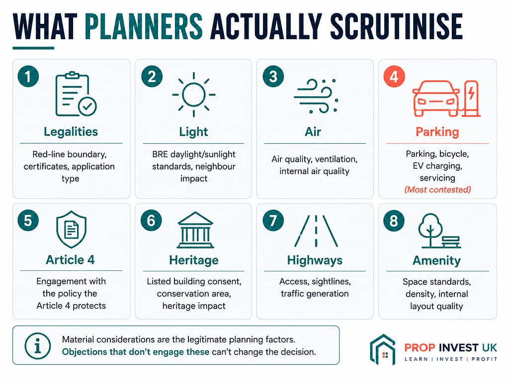The eight material considerations UK planning officers scrutinise when assessing property development applications