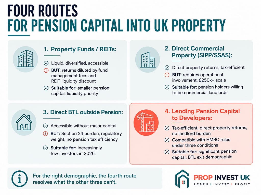 Four routes for UK pension capital into property — property funds and REITs, direct commercial property, direct BTL outside pension, and lending pension capital to property developers — with the structural fit of each