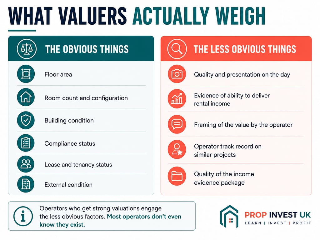 Comparison of the obvious physical factors UK valuers assess versus the less obvious operator-controlled factors that drive valuation outcomes