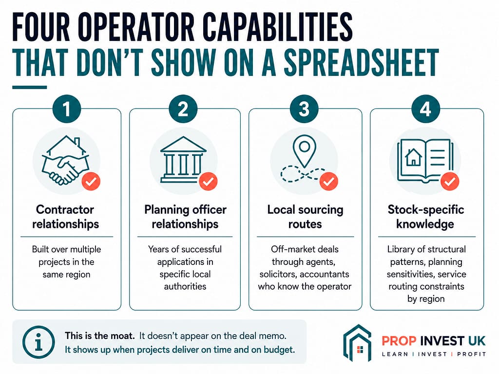 Four operator-level capabilities that protect investor capital in UK property development but don't appear on financial spreadsheets — contractor relationships, planning relationships, sourcing routes, and stock-specific knowledge