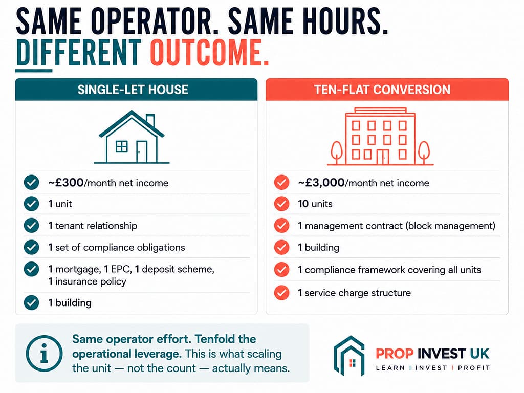 Side-by-side comparison of a single-let house at £300 net monthly versus a ten-flat conversion at £3,000 net monthly, illustrating how UK property developers scale the unit not the property count