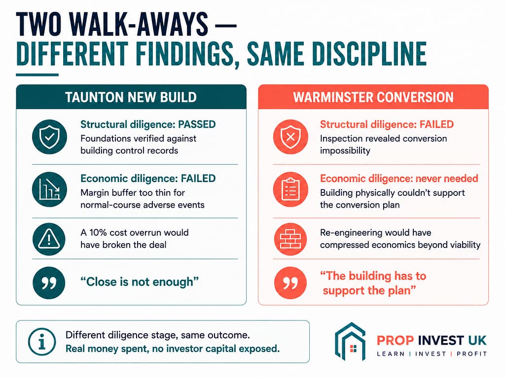 Comparison of two UK property development walk-away decisions — Taunton new build failed economic diligence, Warminster conversion failed structural diligence
