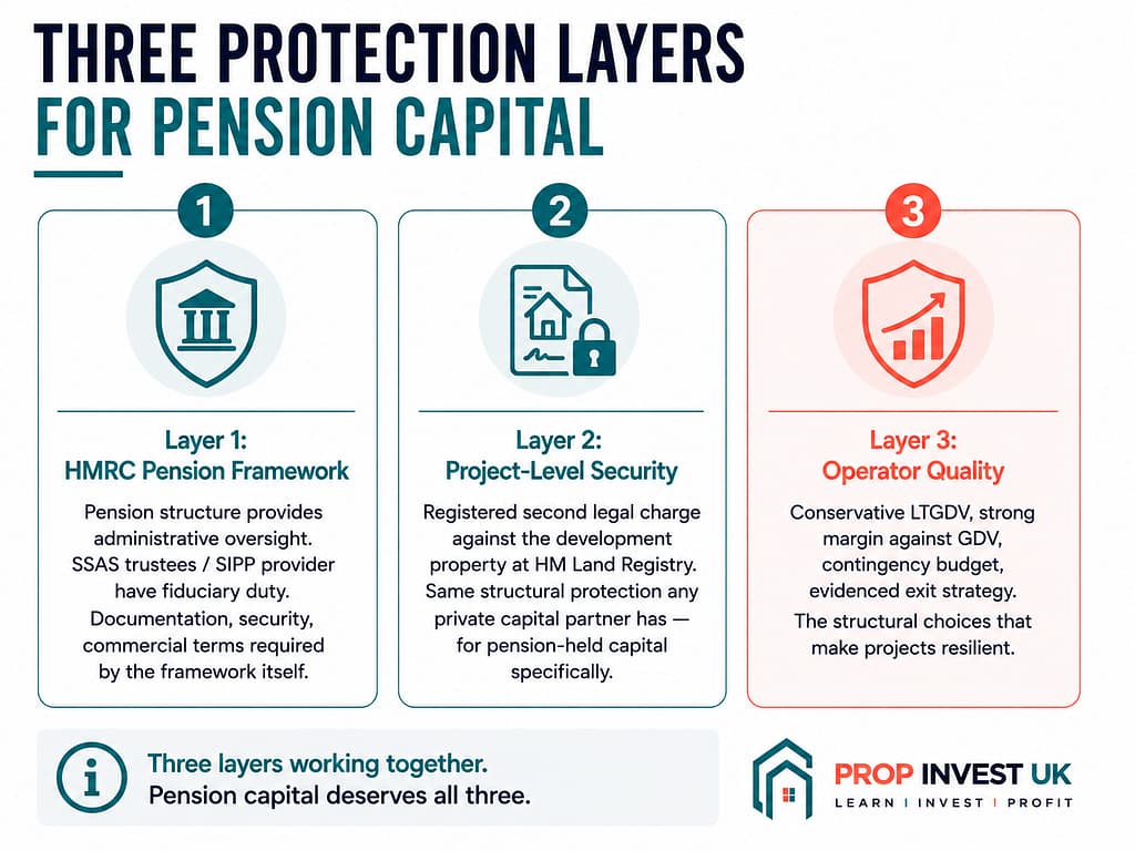 The three protection layers for UK pension capital deployed into property development — HMRC pension framework, project-level legal charge security, and operator quality structural discipline
