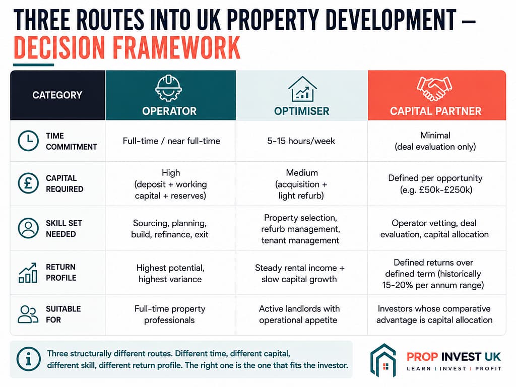 Comparison table of three routes into UK property development — operator, optimiser, and capital partner — across time commitment, capital required, skills needed, return profile, and suitable investor type