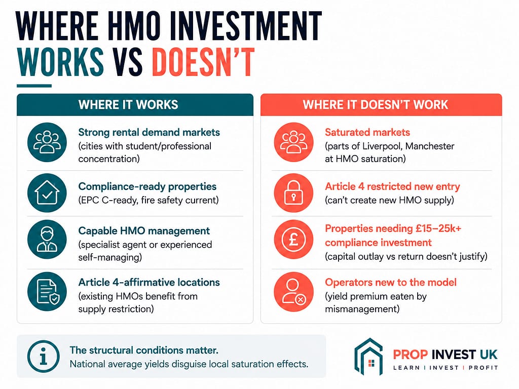 Comparison of where UK HMO investment works structurally versus where it doesn't — across rental demand, compliance readiness, management capability, and Article 4 considerations