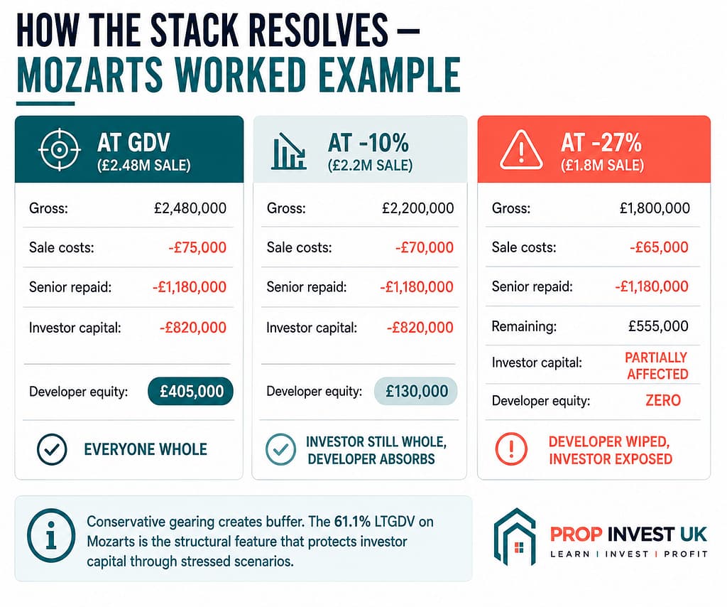 Three exit scenarios for the Mozarts conversion capital stack showing how the payment waterfall resolves at projected GDV, at 10% below GDV, and at 27% below GDV — demonstrating how investor capital is protected by conservative senior gearing
