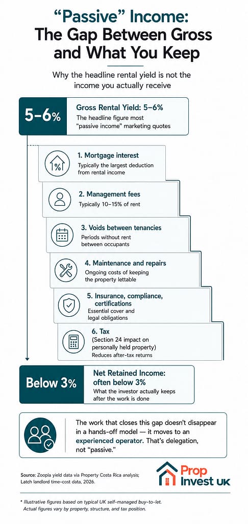 Diagram showing how a headline gross rental yield of 5 to 6% in UK property reduces to net retained income often below 3% after mortgage interest, management fees, voids, maintenance, insurance, compliance, and tax