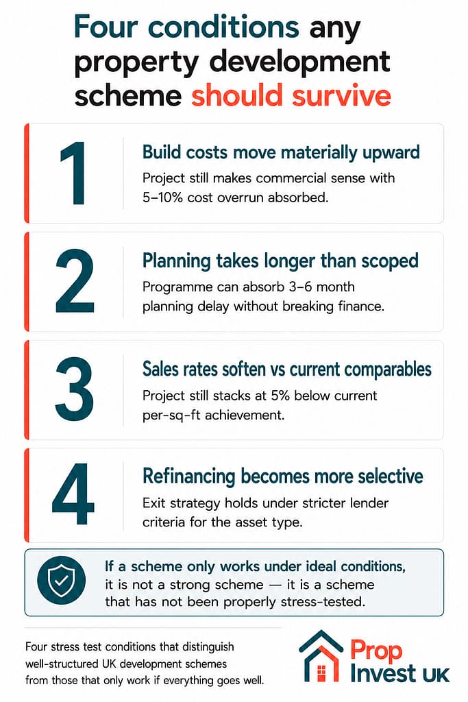 Four stress test conditions any UK property development scheme should survive to be considered profitable — build cost overrun, planning delay, sales rate softening, and refinancing tightening.