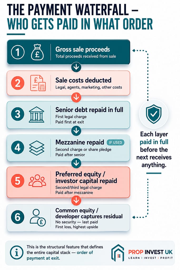 Payment waterfall diagram for UK property development showing the order in which capital is repaid at project exit — from sale costs through senior debt, mezzanine, investor capital, to developer equity