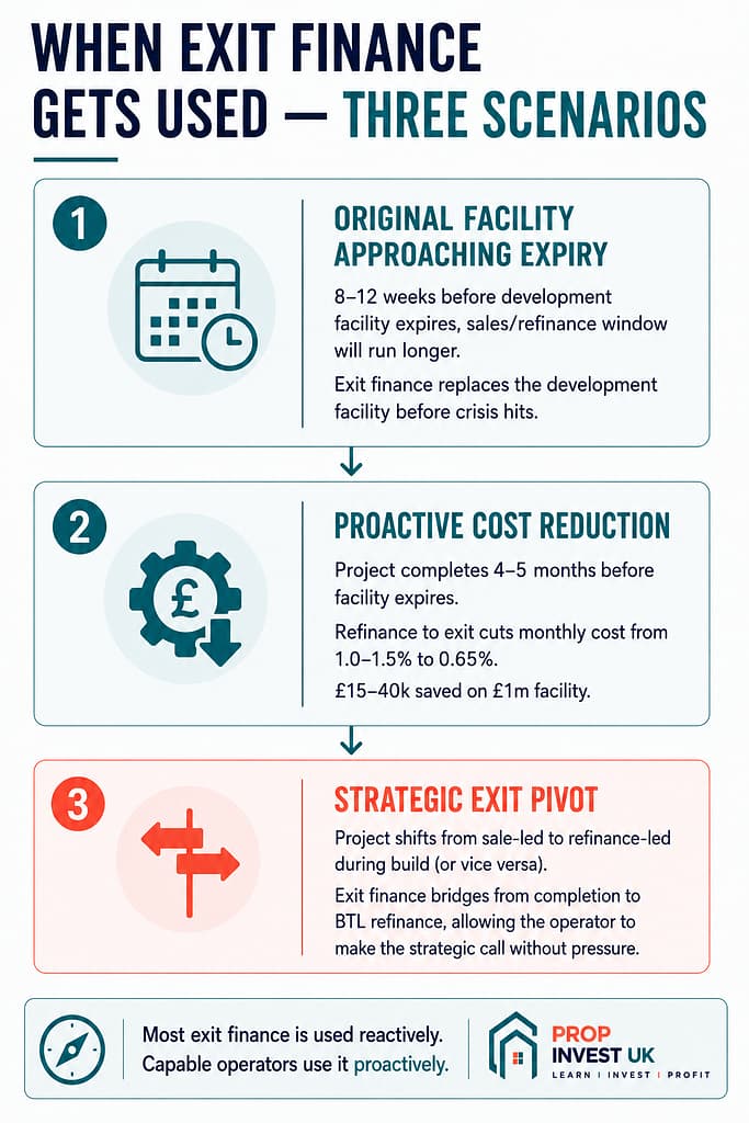 The three scenarios where UK property developers use development exit finance — approaching facility expiry, proactive cost reduction, and strategic exit pivot