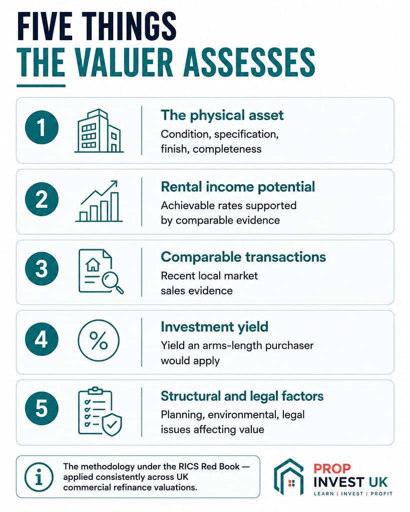 The five drivers UK valuers assess on refinance day — physical asset, rental potential, comparable transactions, investment yield, and structural factors