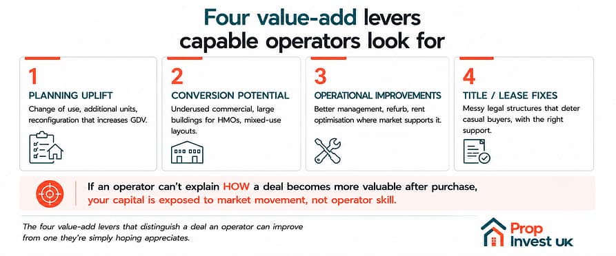 four-value-add-levers Four value-add levers capable property operators look for — planning uplift, conversion potential, operational improvements, and title or lease fixes.