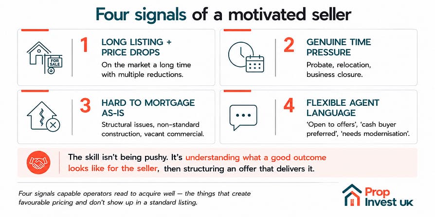 four-motivated-seller-signals Four motivated-seller signals capable property operators read — long listing with price drops, genuine time pressure, hard-to-mortgage condition, and flexible agent language.