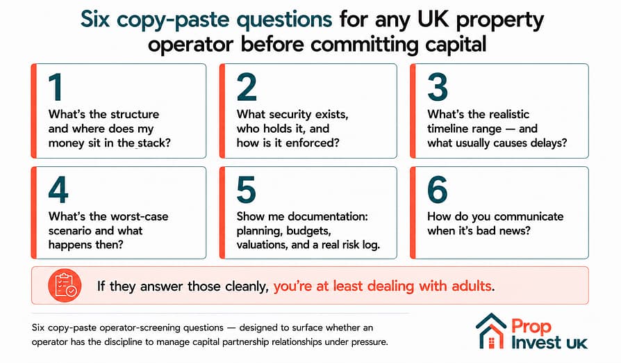 six-copy-paste-operator-screening-questions Six copy-paste questions for UK property investors to ask any operator before committing capital — structure and capital stack position, security, timeline realism, worst-case scenarios, documentation, and bad-news communication.