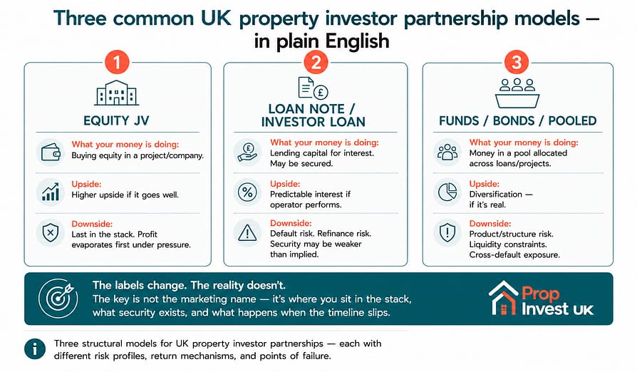 three-property-investor-partnership-models Three common UK property investor partnership models compared — equity joint venture, loan note or investor loan, and funds or bonds or pooled products.