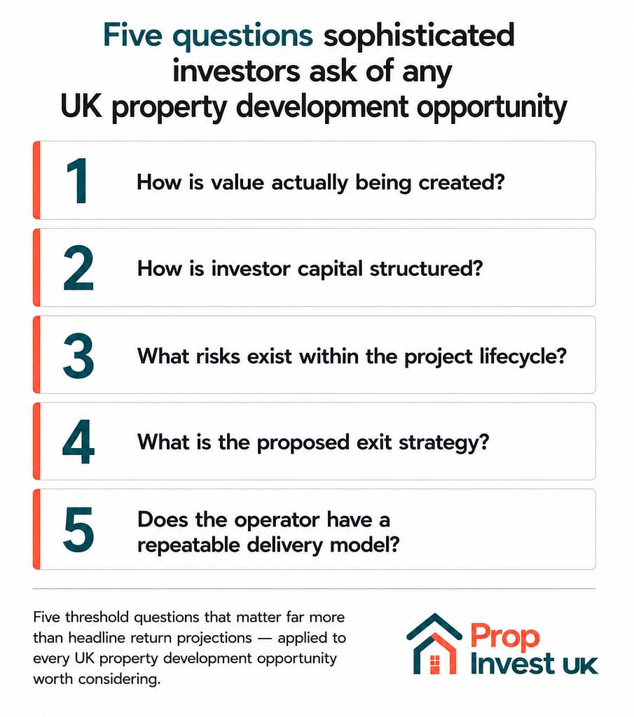 Five questions sophisticated UK investors ask of any property development investment opportunity — how value is created, how investor capital is structured, what risks exist, the exit strategy, and operator's repeatable delivery model.