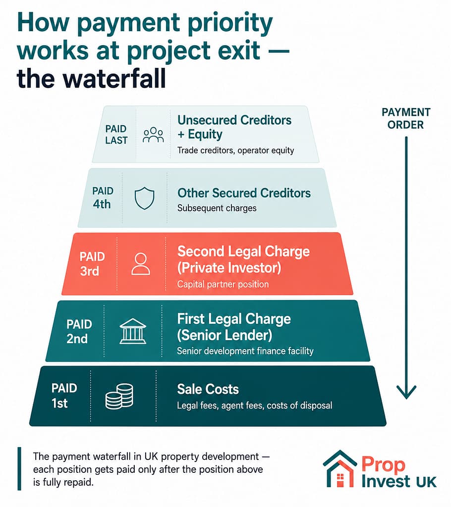 Payment waterfall in UK property development at project exit — sale costs paid first, then first charge senior lender, second charge investor, other secured creditors, and unsecured creditors and equity last.