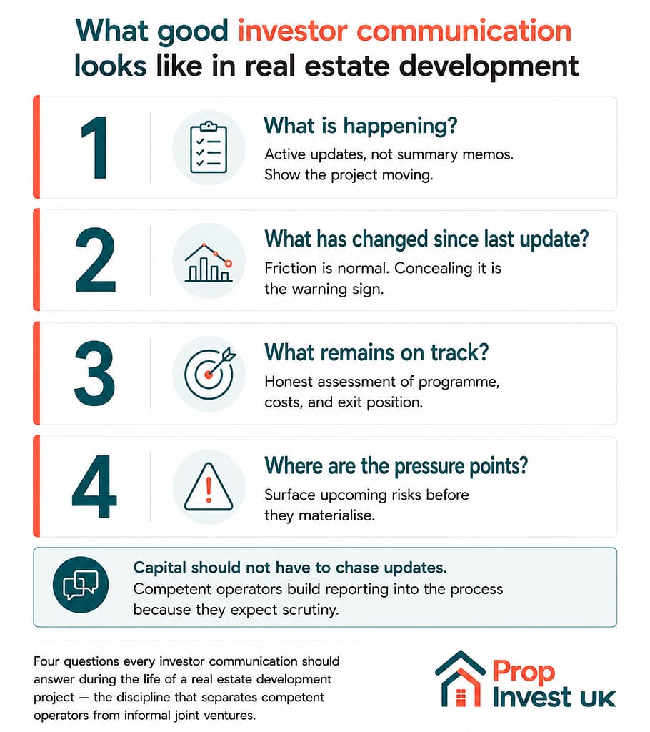 Four questions every investor communication should answer during the life of a UK real estate development project — what's happening, what's changed, what remains on track, and where the pressure points sit.