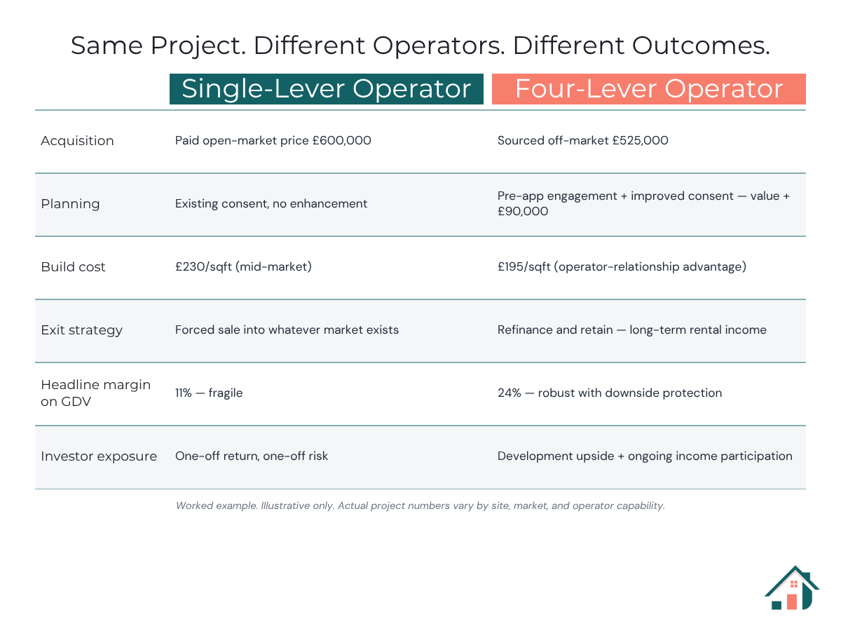 Worked comparison of a single-lever versus four-lever UK property development project, showing how operator discipline produces different margin outcomes