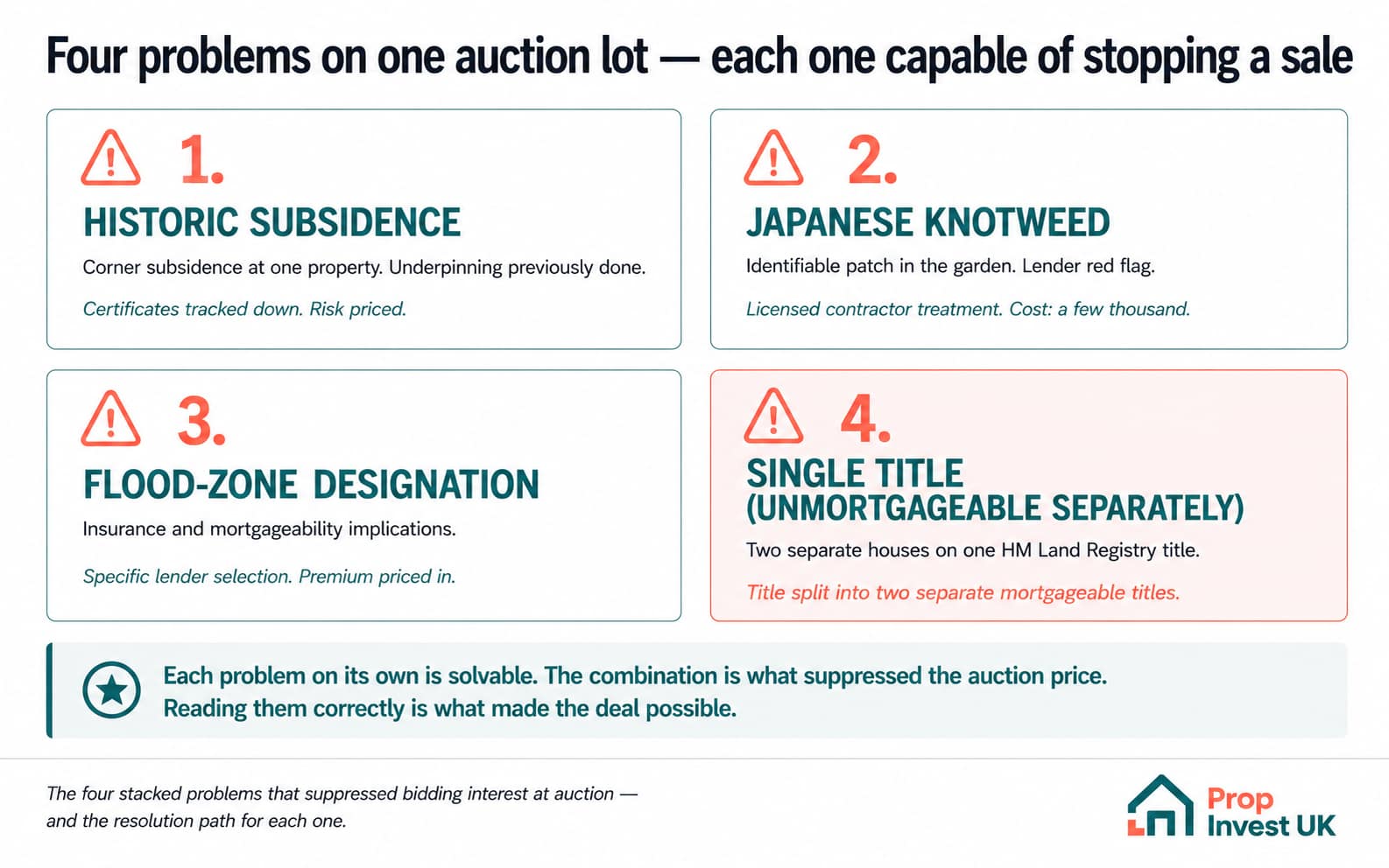 Trebanos four-problem grid — historic subsidence, Japanese knotweed, flood-zone designation, and single title preventing independent mortgageability — and the resolution path for each.