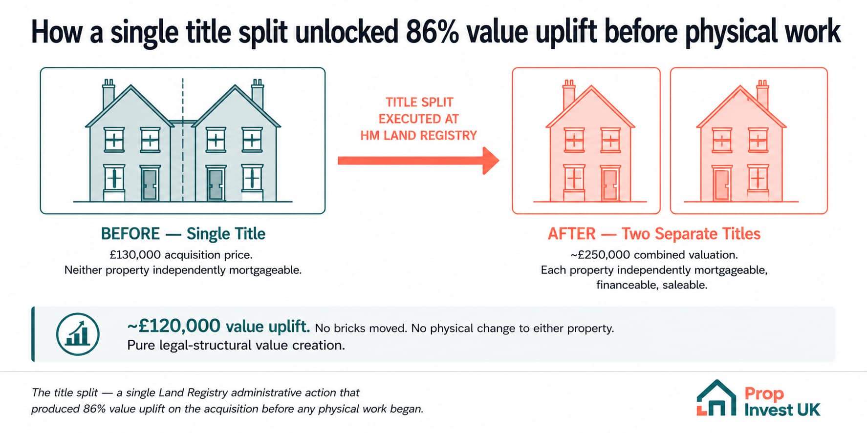 Trebanos title split visualisation — single HM Land Registry title containing two semi-detached houses split into two separate mortgageable titles, producing £120,000 value uplift on a £130,000 acquisition.